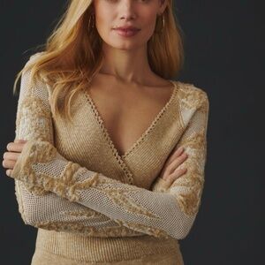 Anthropologie Lace-Sleeve Sweater cream/gold